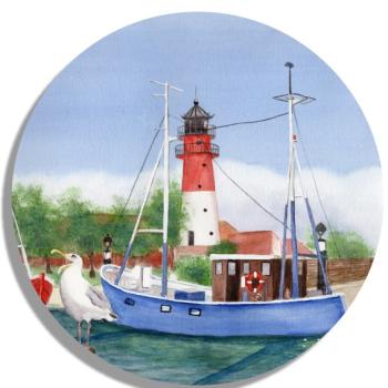 Untersetzer Glasuntersetzer rund 9,5 cm Aquarell Maritim Kunst Druck Kunstdruck Nordsee Büsum Leuchtturm Hafen Strand Meer